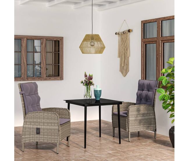 Juego de comedor para jardín 3 piezas con cojines gris y negro vidaxl