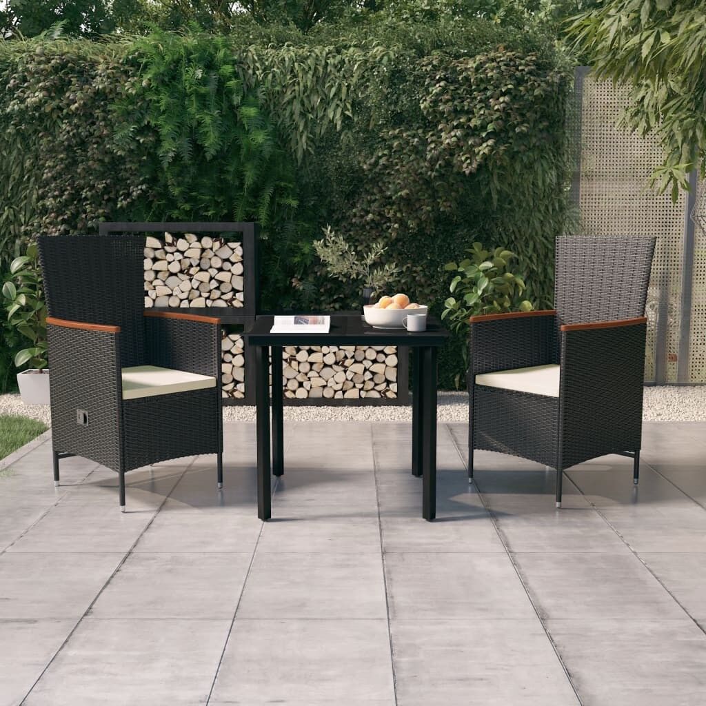 Juego de comedor para jardín de 3 piezas y cojines negro vidaxl