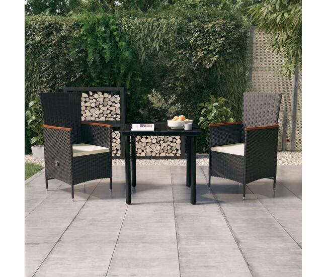 Juego de comedor para jardín de 3 piezas y cojines negro vidaxl