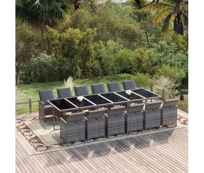 Set comedor jardín 13 pzas con cojines ratán sintético gris vidaxl