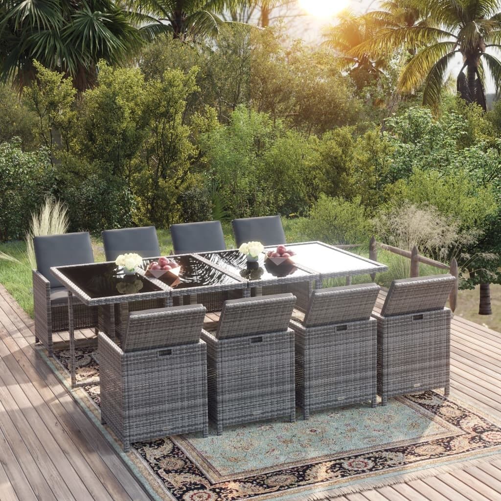 Set de comedor jardín 9 pzas con cojines ratán sintético gris vidaxl