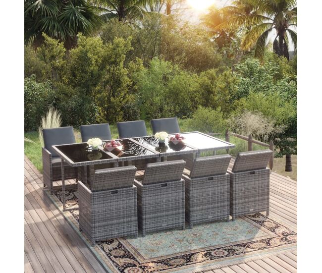 Set de comedor jardín 9 pzas con cojines ratán sintético gris vidaxl