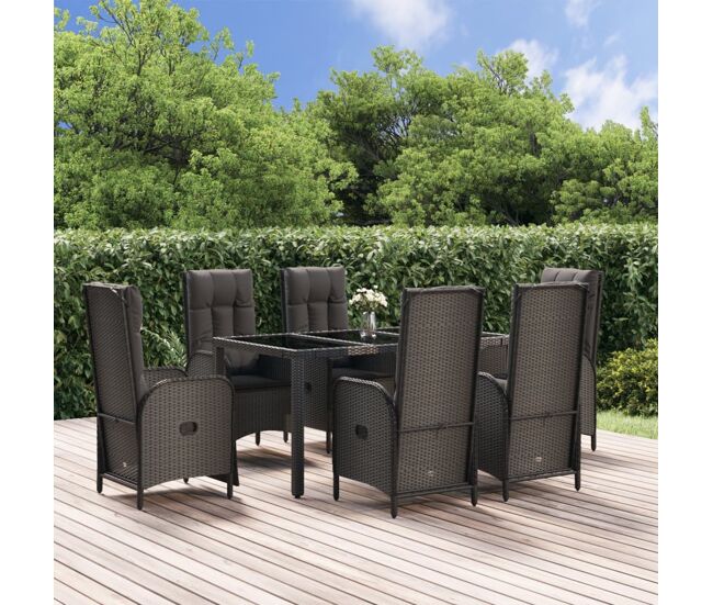 Set de comedor de jardín 7 pzas y cojines ratán sintético negro vidaxl