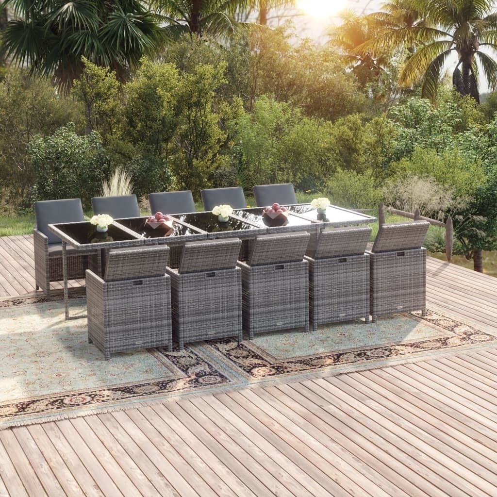 Set comedor jardín 11 pzas con cojines ratán sintético gris vidaxl