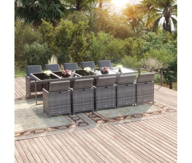 Set comedor jardín 11 pzas con cojines ratán sintético gris vidaxl
