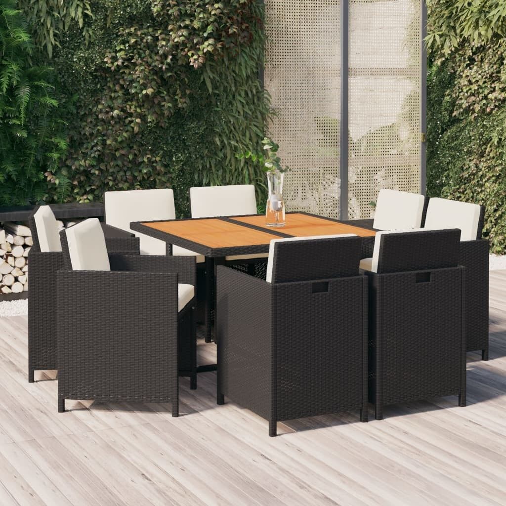 Juego comedor jardín 9 pzas con cojines ratán sintético negro vidaxl