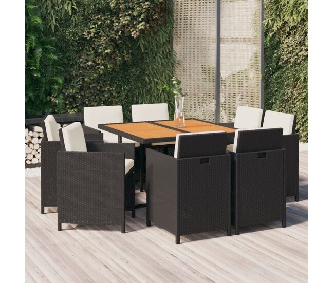 Juego comedor jardín 9 pzas con cojines ratán sintético negro vidaxl
