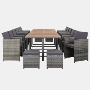 vidaXL 17 pcs conjunto jantar exterior com almofadões vime PE cinzento