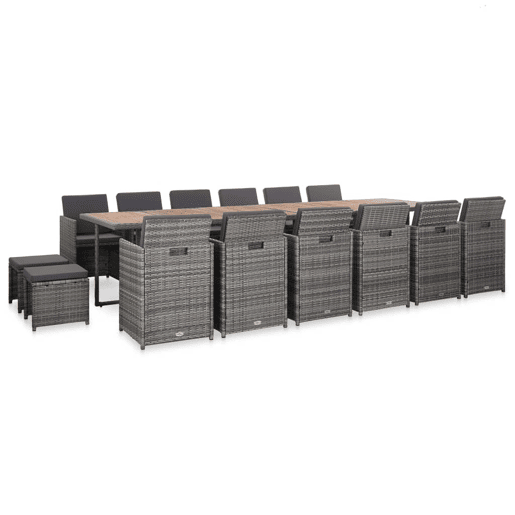 vidaXL 17 pcs conjunto jantar exterior com almofadões vime PE cinzento