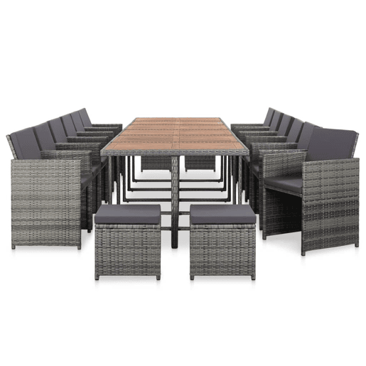 vidaXL 17 pcs conjunto jantar exterior com almofadões vime PE cinzento