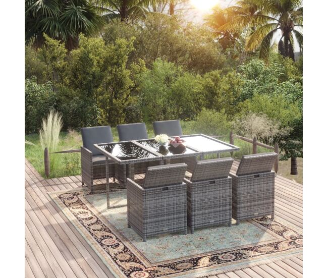 Set comedor para jardín 7 pzas con cojines ratán sintético gris vidaxl