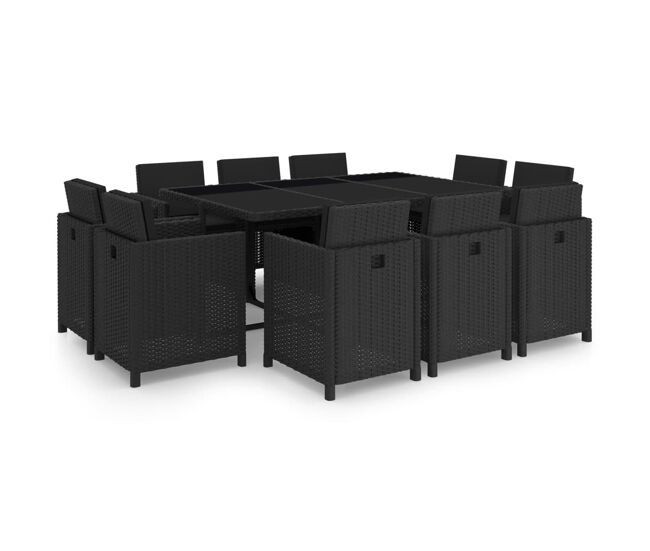 Set comedor de jardín 11 piezas y cojines ratán sintético negro vidaxl