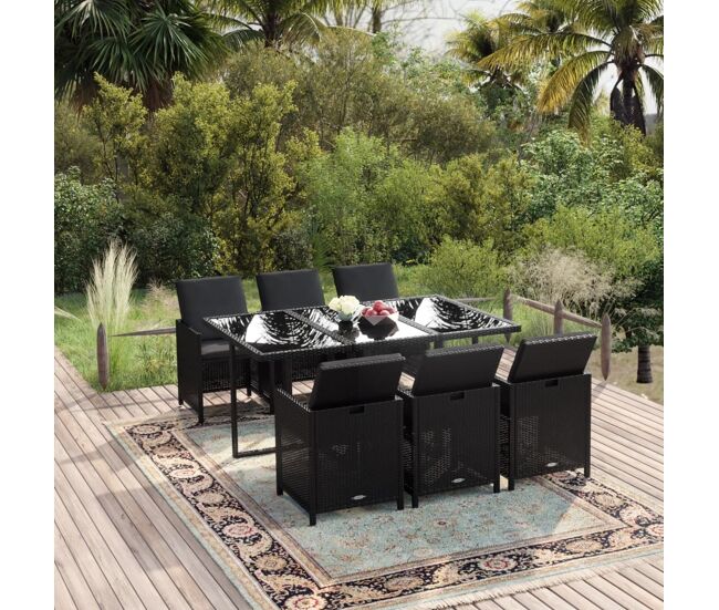 Juego comedor jardín 7 pzas con cojines ratán sintético negro vidaxl