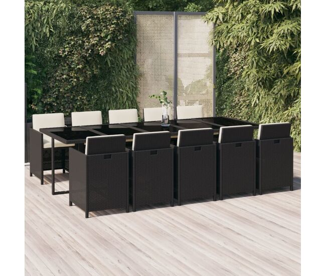 Set comedor de jardín 11 pzas con cojines ratán sintético negro vidaxl
