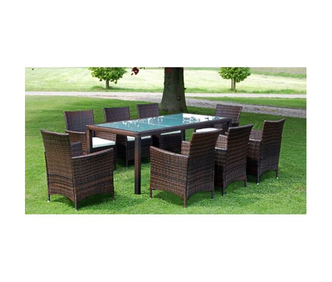 Set comedor de jardín 9 piezas y cojines ratán sintético marrón vidaxl