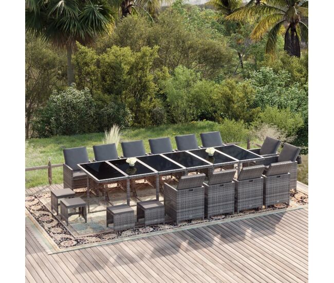 Set de comedor jardín 19 pzas con cojines ratán sintético gris vidaxl