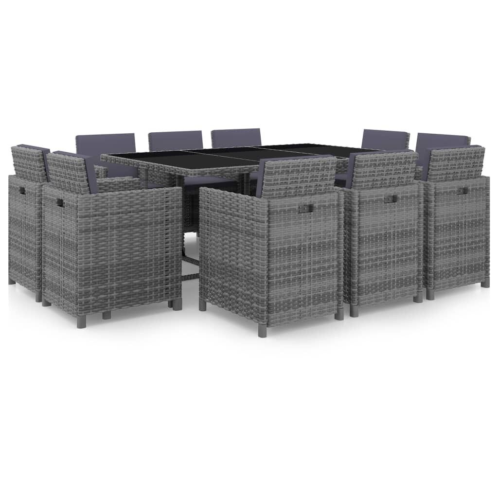 Set de comedor de jardín 11 pzas y cojines ratán sintético gris vidaxl