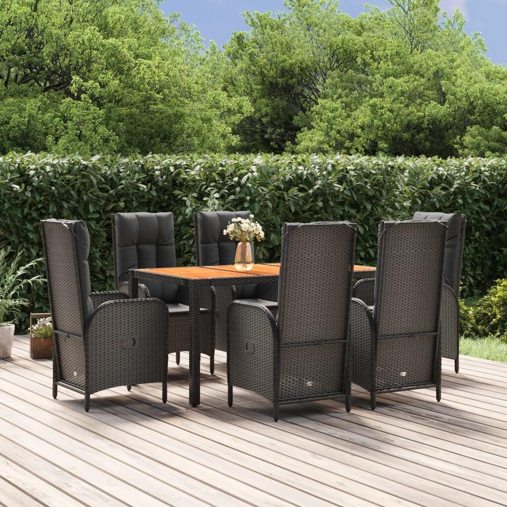 Set de comedor de jardín 7 pzas y cojines ratán sintético negro vidaxl