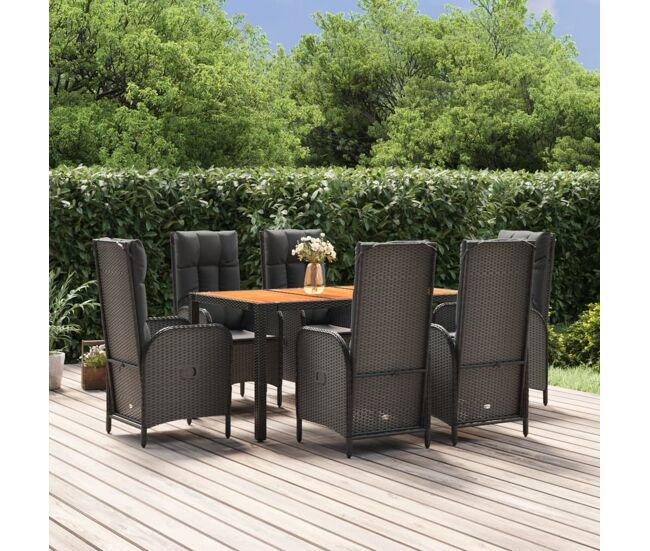 Set de comedor de jardín 7 pzas y cojines ratán sintético negro vidaxl