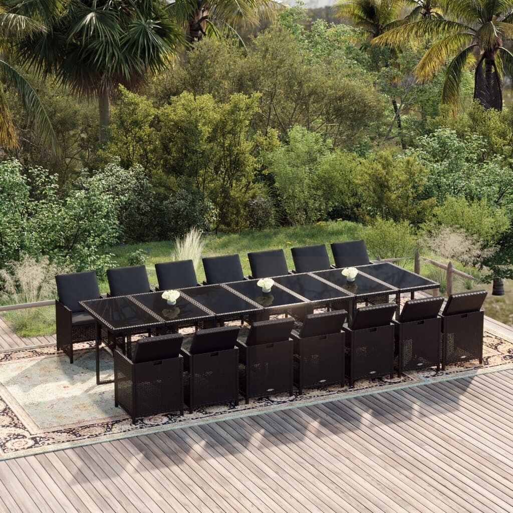 Set comedor de jardín 15 pzas con cojines ratán sintético negro vidaxl