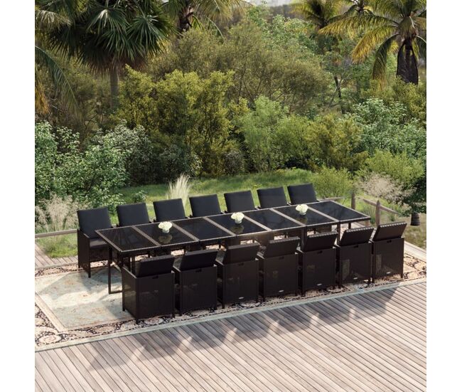Set comedor de jardín 15 pzas con cojines ratán sintético negro vidaxl