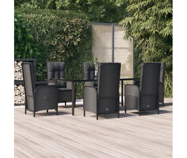 Set de comedor de jardín 7 pzas y cojines ratán sintético negro vidaxl