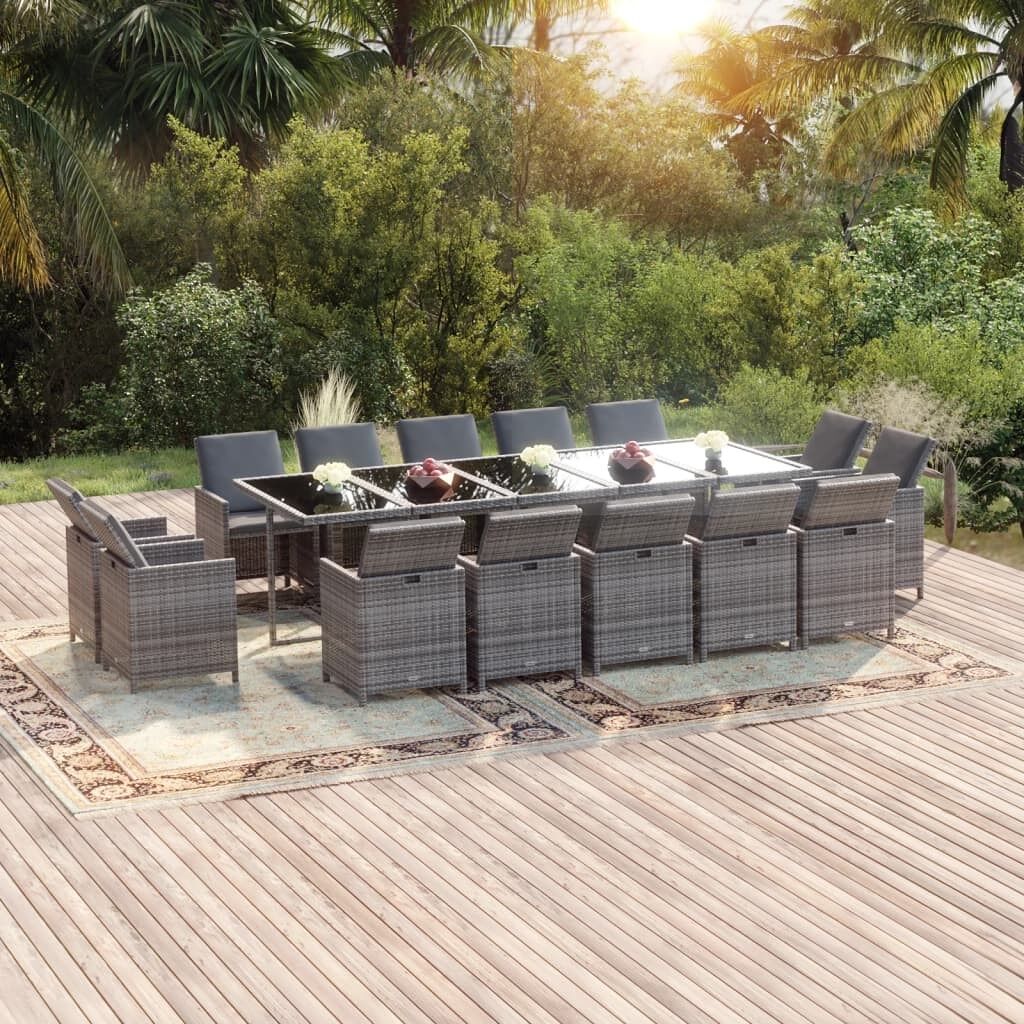 Set de comedor jardín 15 pzas con cojines ratán sintético gris vidaxl