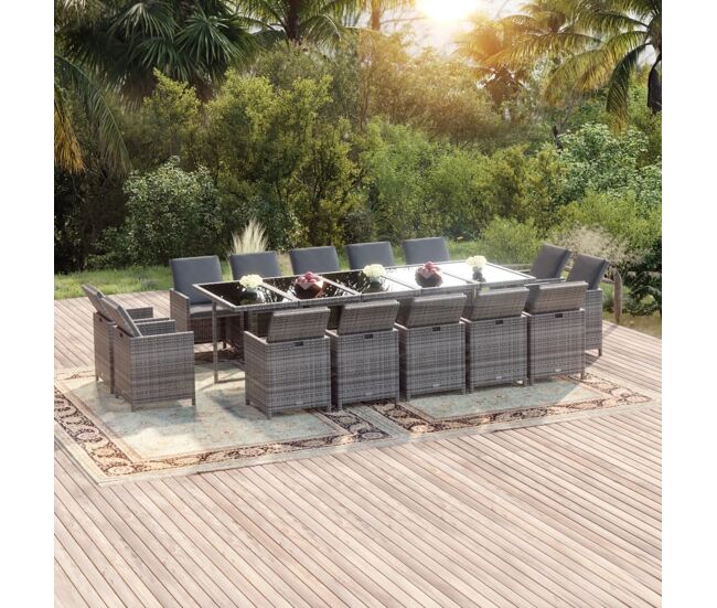 Set de comedor jardín 15 pzas con cojines ratán sintético gris vidaxl