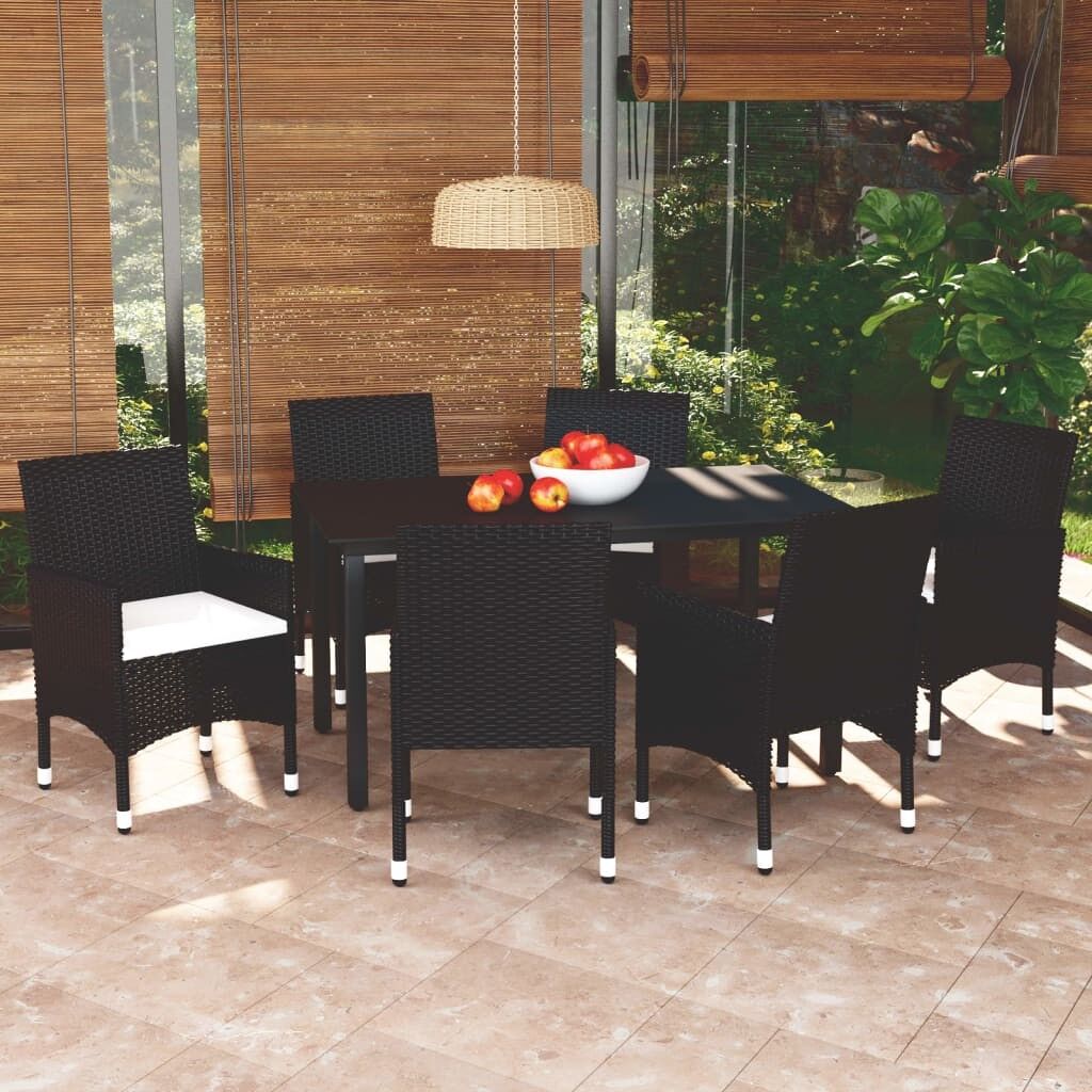 Set de comedor de jardín 7 pzas y cojines ratán sintético negro vidaxl