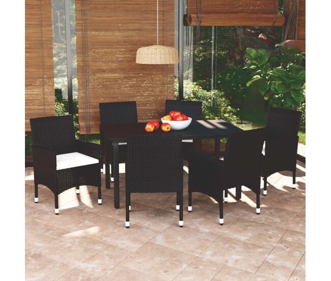 Set de comedor de jardín 7 pzas y cojines ratán sintético negro vidaxl