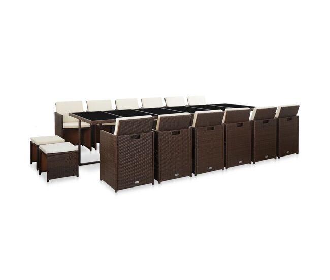 Set comedor de jardín 17 pzas y cojines ratán sintético marrón vidaxl