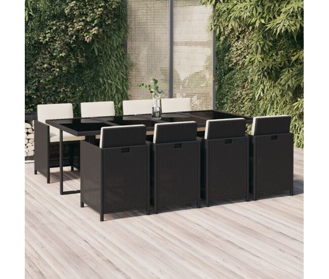 Set de comedor jardín 9 pzas con cojines ratán sintético negro vidaxl