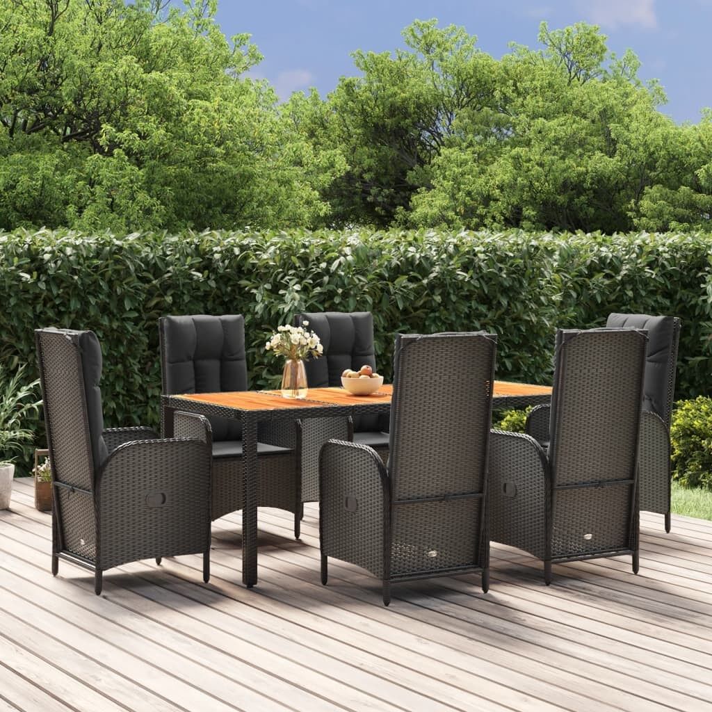 Set de comedor de jardín 7 pzas y cojines ratán sintético negro vidaxl