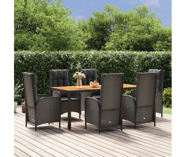 Set de comedor de jardín 7 pzas y cojines ratán sintético negro vidaxl