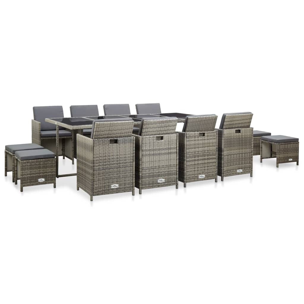Set comedor de jardín 13 piezas y cojines ratán sintético gris vidaxl