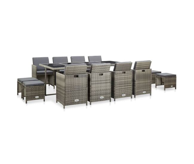 Set comedor de jardín 13 piezas y cojines ratán sintético gris vidaxl