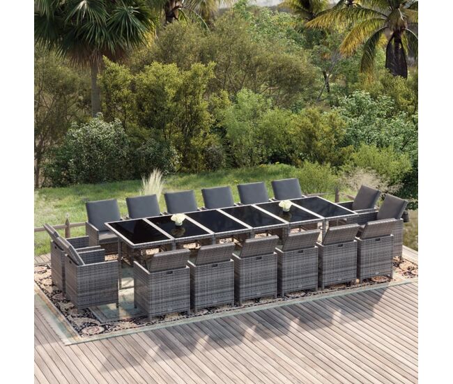 Set de comedor jardín 17 pzas con cojines ratán sintético gris vidaxl