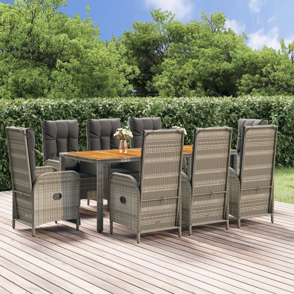 Set comedor jardín 9 pzas y cojines ratán sintético gris vidaxl