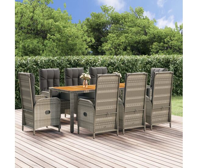 Set comedor jardín 9 pzas y cojines ratán sintético gris vidaxl