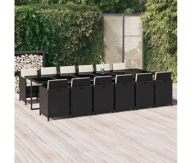 Set comedor de jardín 13 pzas con cojines ratán sintético negro vidaxl