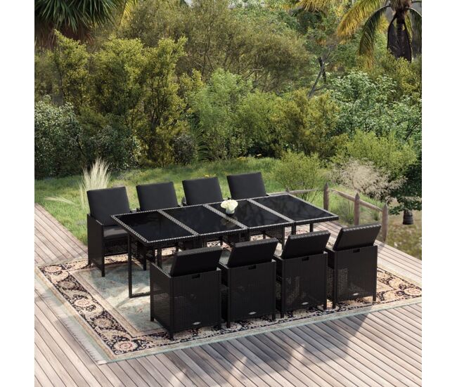 Set de comedor jardín 9 pzas con cojines ratán sintético negro vidaxl