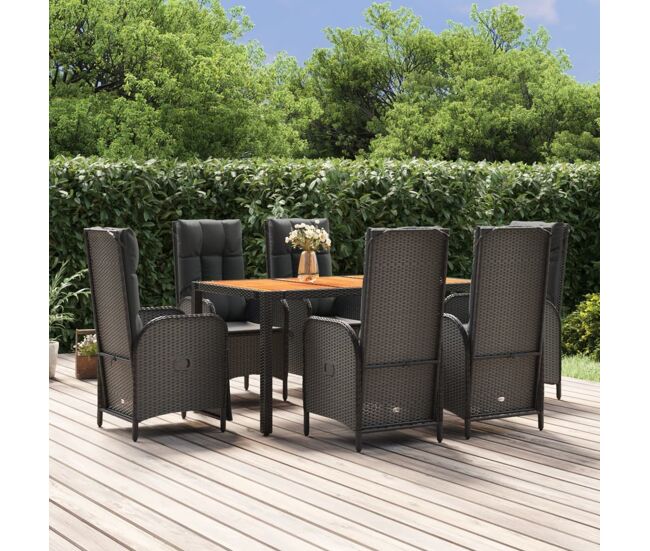 Set de comedor de jardín 7 pzas y cojines ratán sintético negro vidaxl