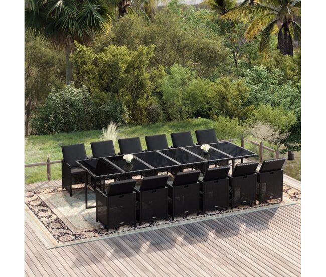 Set comedor de jardín 13 pzas con cojines ratán sintético negro vidaxl