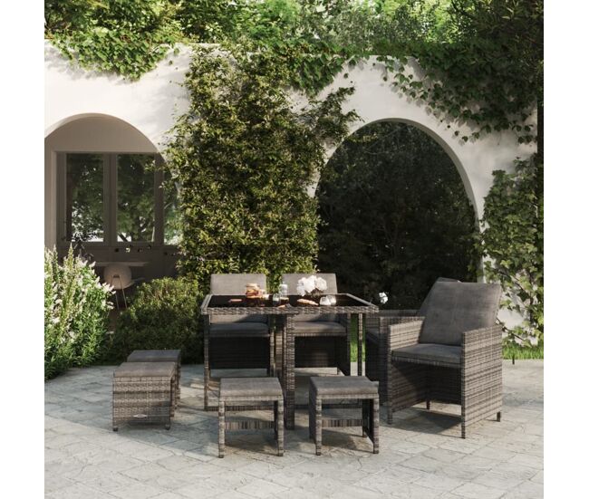 Set de muebles jardín 9 pzas con cojines ratán sintético gris vidaxl