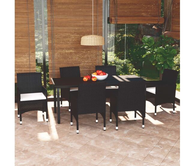 Set de comedor de jardín 7 pzas y cojines ratán sintético negro vidaxl