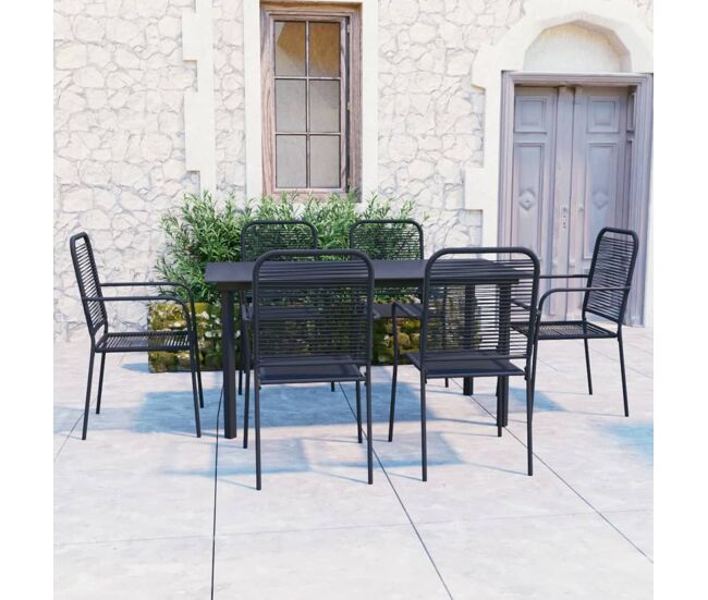 Set de comedor de jardín 7 piezas vidrio y acero negro vidaxl