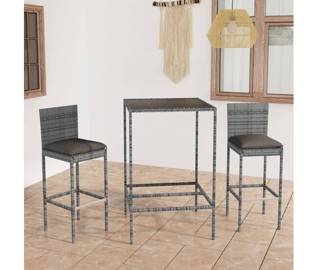 Set muebles bar jardín 3 piezas y cojines ratán sintético gris vidaxl