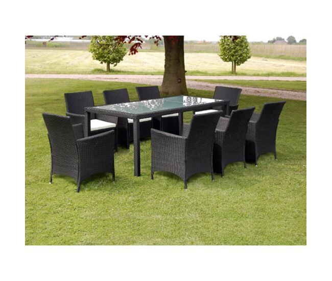 Set comedor de jardín 9 piezas y cojines ratán sintético negro vidaxl
