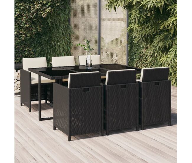 Juego comedor jardín 7 pzas con cojines ratán sintético negro vidaxl