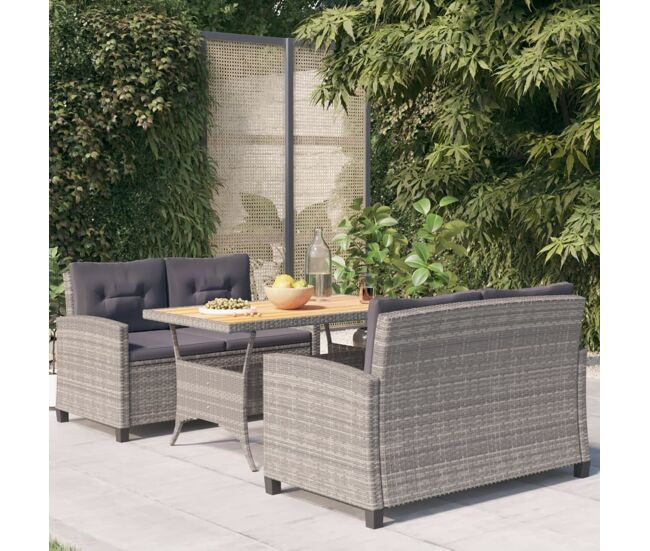 Set de comedor jardín 3 piezas con cojines ratán sintético gris vidaxl